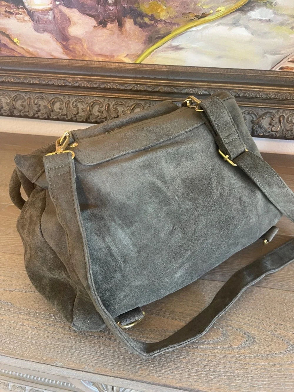 Anthropologie Green Faux Suede Convertible Boho Hippie Slouchy Backpack Purse - Picture 3 of 6